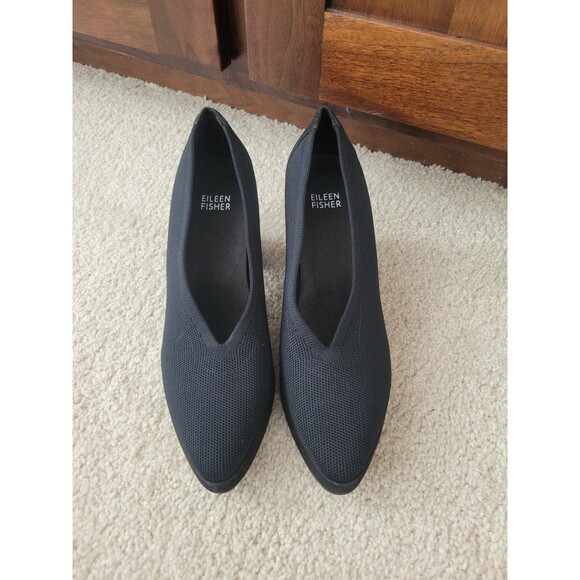 New EILEEN FISHER Gaby Knit PUMPS Platform Heels BLACK Women SIZE 7.5 - Picture 5 of 9